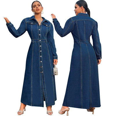 Denim Dress Women Long Dresses Spring Turn Down Collar Elegant Work Splice Vestidos Single Breasted A Line Y2k Tops Streetwear