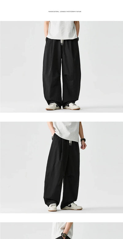 Wide leg Pants Men Harajuku Japanese Style Loose Casual Pants Men Solid Comfortable Elastic Waist Trouser Outdoor Walking Hiking