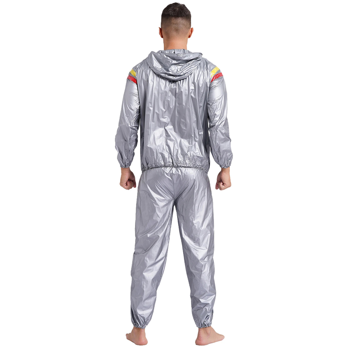 Mens Sauna Sweat Outfit Long Sleeve Hooded Jacket Outerwear and Elastic Waist Long Pants PVC Sweating Suit for Gym Workout