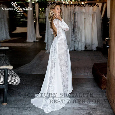 Boho Wedding Dresses 2025 Long Sleeve Backless Lace Appliques Chiffon Sheath Bohemian Bridal Gowns Beach Bride Dress Customized