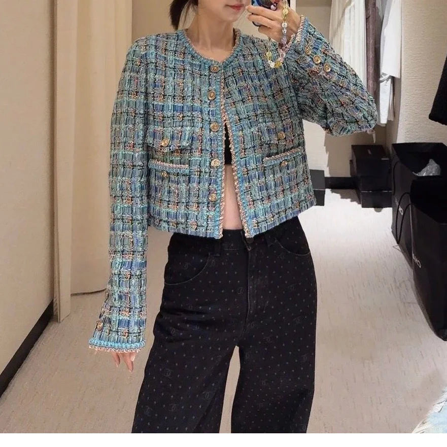 Autumn 2025 New Sle Blue een Tweed round Ne Single Button ort Quilted Jaet Women's Faion Outerwear Small Fraanc...