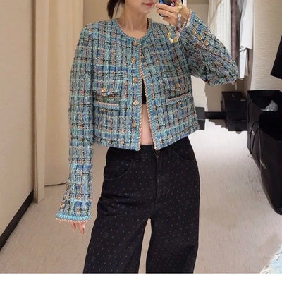Autumn 2025 New Sle Blue een Tweed round Ne Single Button ort Quilted Jaet Women's Faion Outerwear Small Fraanc...