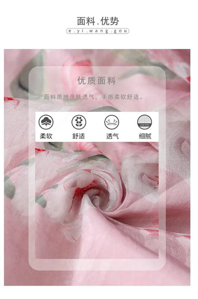 Women Sexy Off Shoulder V Neck Floral Print Dress Summer Gorgeous Flower Pink Chiffon Cascading Ruffles Evening Party Prom Robe