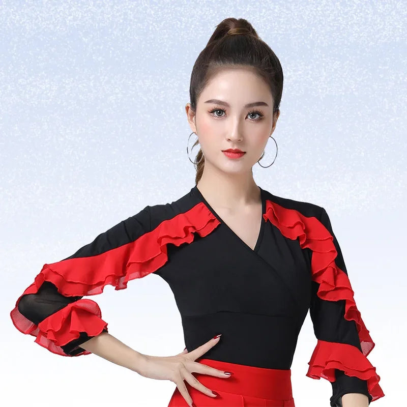Women Dance Wear Latin V Neck Tops Line Dance Costume New Product Long Sleeve Ballroom Waltz Professional Competition Samba Tops
