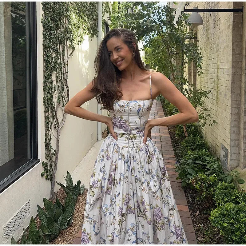 Elegant Women Summer Dresses Floral Printing Strap Backless Sleeveless High Waist Pleated A-line Party Vestidos Chic lady outfit