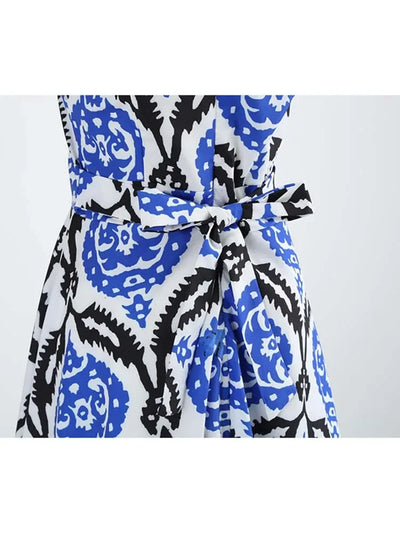 Women's Summer Sleeveless Midi Dress Green Leaf Print O-Neck Retro Vintage Party Robe Casual Elegant Female Clothing