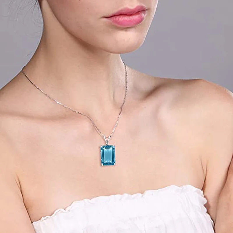 Huitan Luxury Solitaire Blue CZ Square Pendant Necklace for Women Modern Design Temperament Lady's Accessories Wedding Jewelry