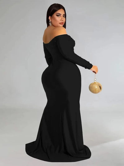 Wmstar Plus Size Party Dresses for Women Off Shoulder V Neck Slip Hem Elegant Full Length Maxi Dress Wholesale Dropshipping 2022