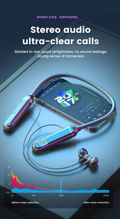 Wireless Earphones 5.3 Neckband Headphones Gaming LED Display Stereo Sports Headset Halter Waterproof Magnetic Earbuds