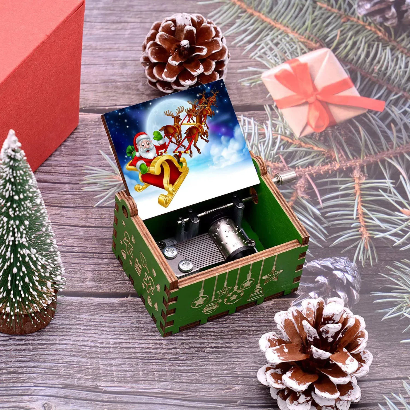 Merry Christmas Music Box Wooden Hand Cranked Music Box Vintage Happy New Year Music Box Gift Music Box Birthday Gift