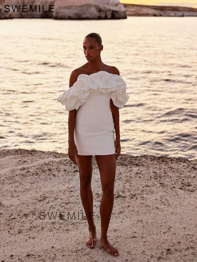 SWEMILE Mini Sheath Wedding Dresses Corset With Ruffled Neckline Off-The-Shoulder Backless Bridal Dress Short Prom Party Gowns