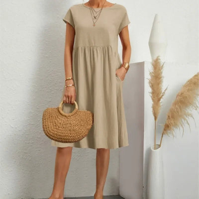 Women's Dresses 2025 Summer Fashion Casual Dresses Women Loose Mid Length Over Knee Dress New Short Sleeve Solid Dress Woman