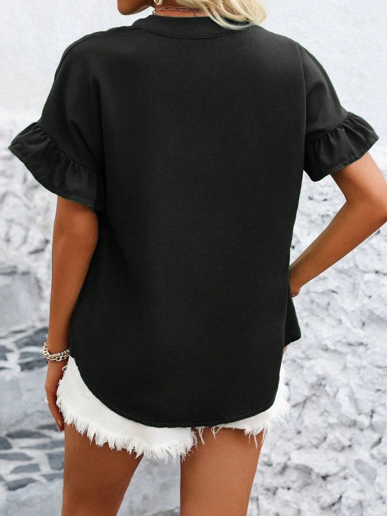 Women Button Solid Cotton Linen Blouses Summer 2025 Fashion Stand Up Short Sleeve Shirts Casual V-Neck Ruffles Office Lady Tops