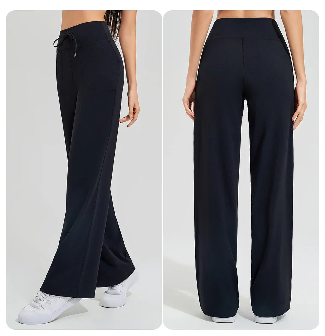 Women's High Waist Yoga Pants Gym Loose Running Yoga Pants Double Side Brushed with Pockets Pants Ties