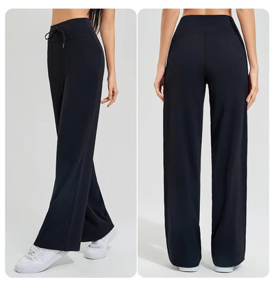 Women's High Waist Yoga Pants Gym Loose Running Yoga Pants Double Side Brushed with Pockets Pants Ties