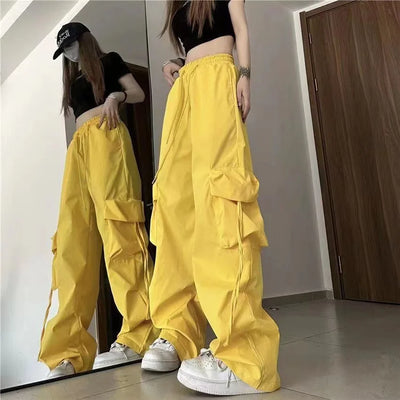 Women Cargo Pants High Waist Big Pocket Drawstring Trousers Vintage Streetwear Fashion Baggy Pants Female Casual Loose Sweatpant