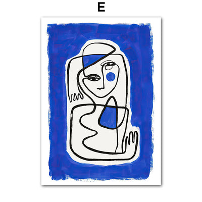 Wall Art Mural Print Canvas Pictures Blue Girl Body Pigeons Line Minimalist Abstract Living Room Home Decoration Painting Poster