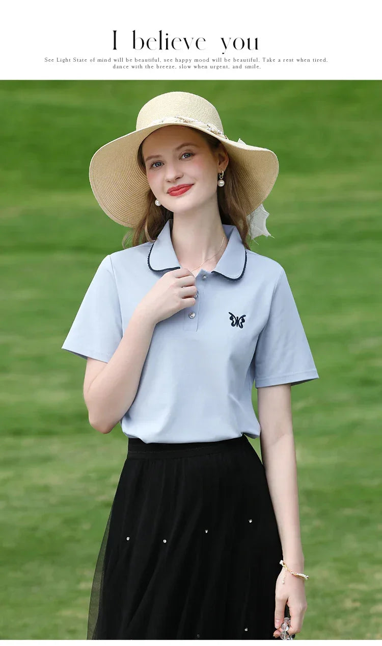 I BELIEVE YOU Blue Polo Collar T-shirt Top for Women Summer 2025 Butterfly Embroidered Breathable Short Sleeve Tees 2252015969