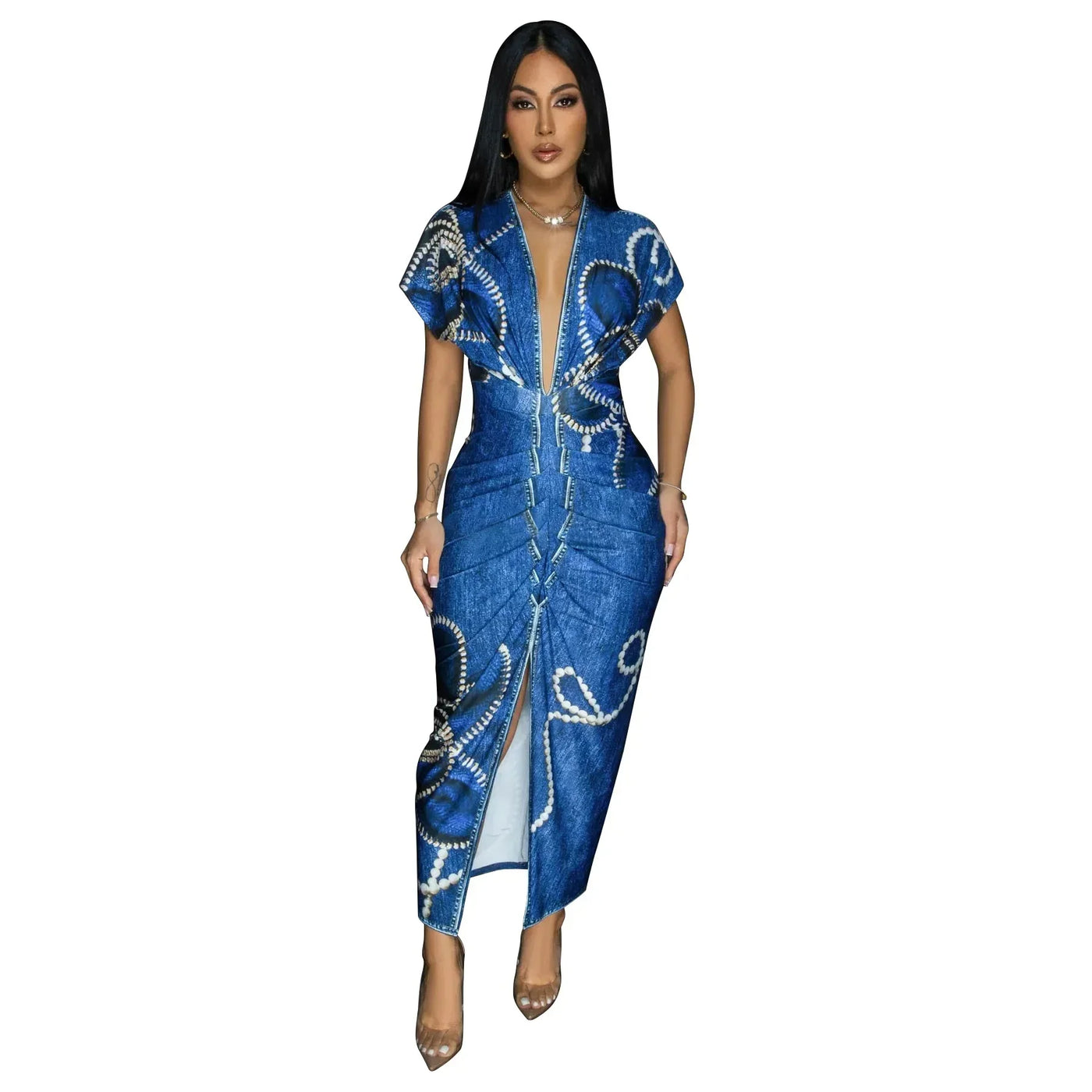 Fashionable Short Sleeve V-Neck Printed Slim Fit African Style Women's Dress K10822 Cross-Border Elegant Chic Dress