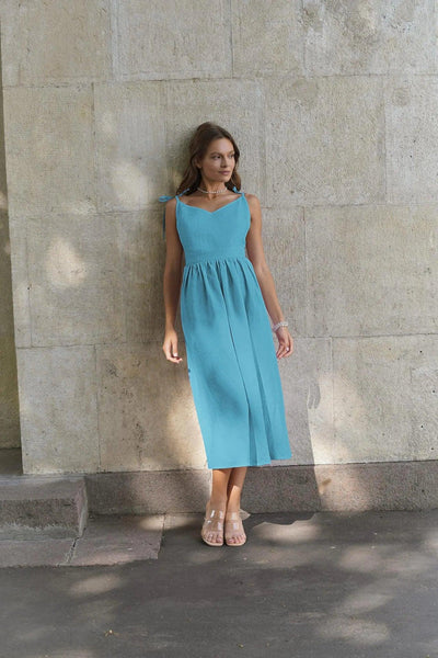 Cotton Linen Solid Color Spaghetti Strap Dresses Women Fashion Leace-up V-neck Backless Beach Vacation Long Dress Female New