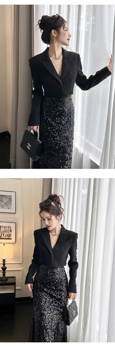 Fashion Chic Women's Blazer Office Lady Bright Black Long Sleeve Short Casual Party Coat Ladies Outerwear Stylish Cropped Tops
