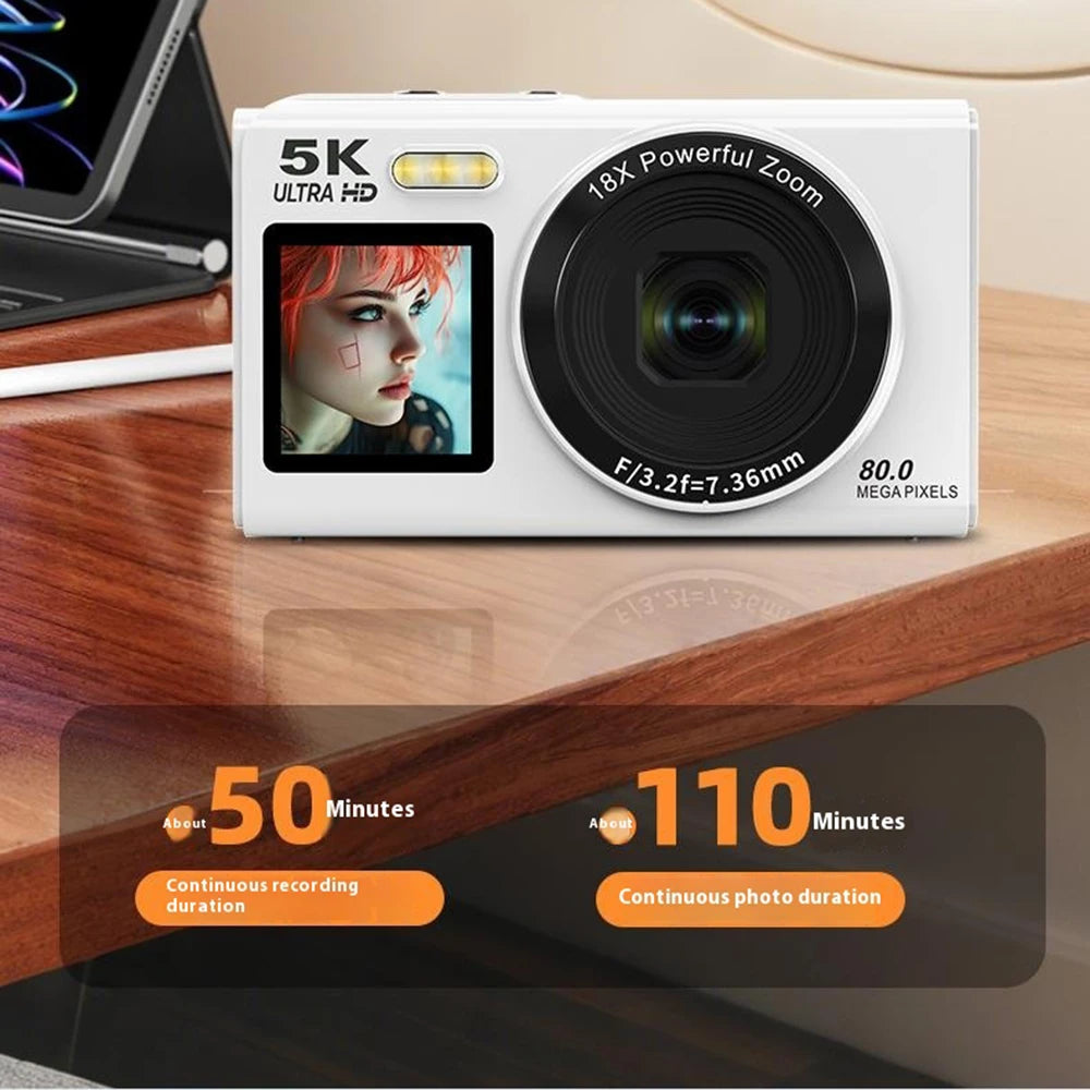 Digital Camera CCD Dual Screen Portable Digital Camera with18X Zoom 5K Vlogging Camera 80MP CCD Selfie Camera with 64GB Card