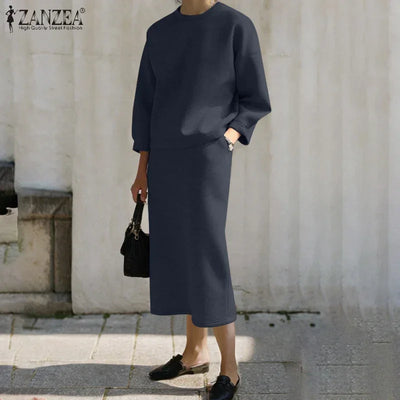 Stylish Women Tracksuits Spring 2pcs Outfits Solid Work Matching Sets 2025 ZANZEA Casual Long Sleeve Blouse Dress Suits Oversize