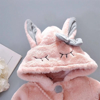 2pc/Set  Long Sleeve Cute Rabbit Hoodie Jacket Winter Plush Bow  | Baby Girl Clothes| Children 0-3years