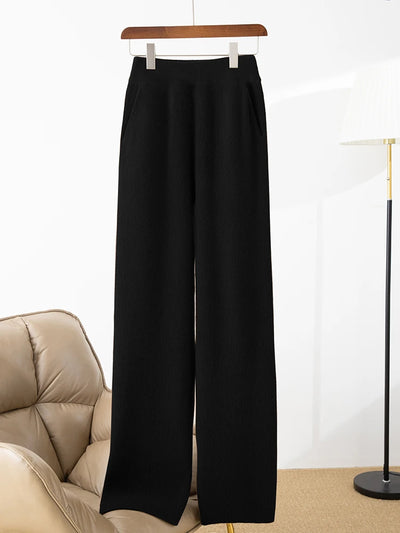 100% merino wool women's knitted trousers, fashionable, warm, drawstring, pockets, wide-leg pants, new autumn and winter 2024