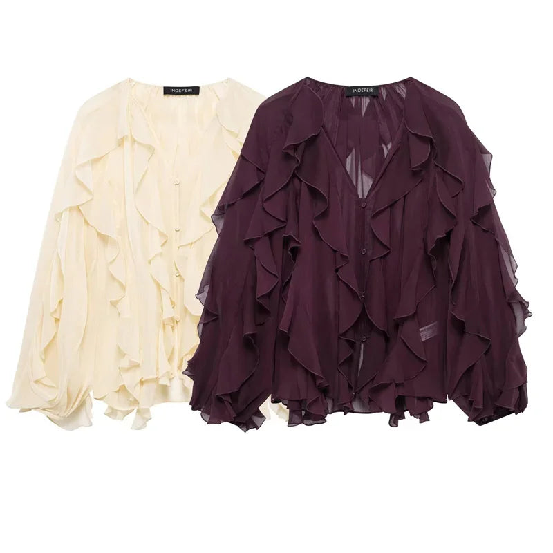 Ruffles Elegant Shirts & Blouses for Women 2025 Long Sleeve Semi-Transparent Tops For Women Spring Shirt And Blouse Top