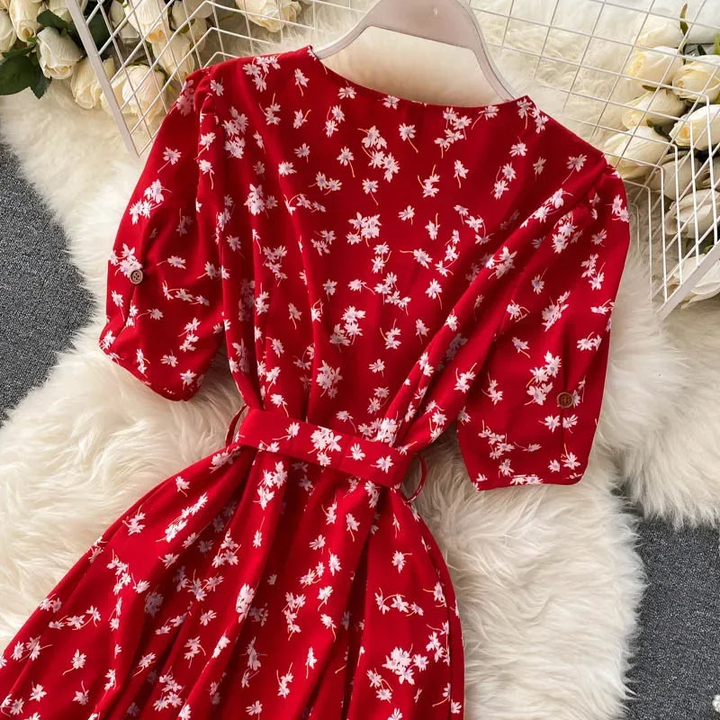 Korean Red elegant sexy Dress women Summer Autumn V-neck polka dot midi dress waist split dress vestidos de fiesta clothes