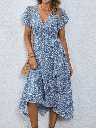 Summer Dresses for Women Sexy V Neck Short Sleeve Irregular High Waist Lace-up Flower Print Dress Casual Beach Dresses
