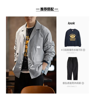 Maden Mountain Style Outdoor Multi-Pocket Suit Jacket Cityboy Flat Lapel Casual Versatile Coat Men's Blazer Spring And Autumn
