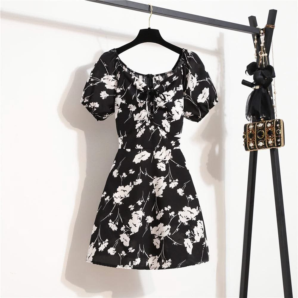 Women Mini Printed Floral Chiffon Shirring Pleated Short Puffy Sleeve Casual Dresses Summer Fashion
