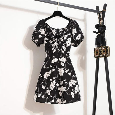 Women Mini Printed Floral Chiffon Shirring Pleated Short Puffy Sleeve Casual Dresses Summer Fashion