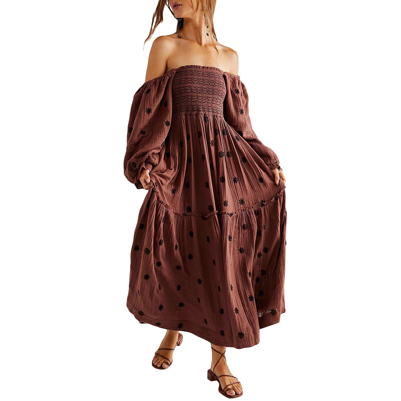 Women Summer Casual Long Dress 3D Embroidered Flowers Square Neck Puff Sleeve Dress Fashion Backless A-line Dress
