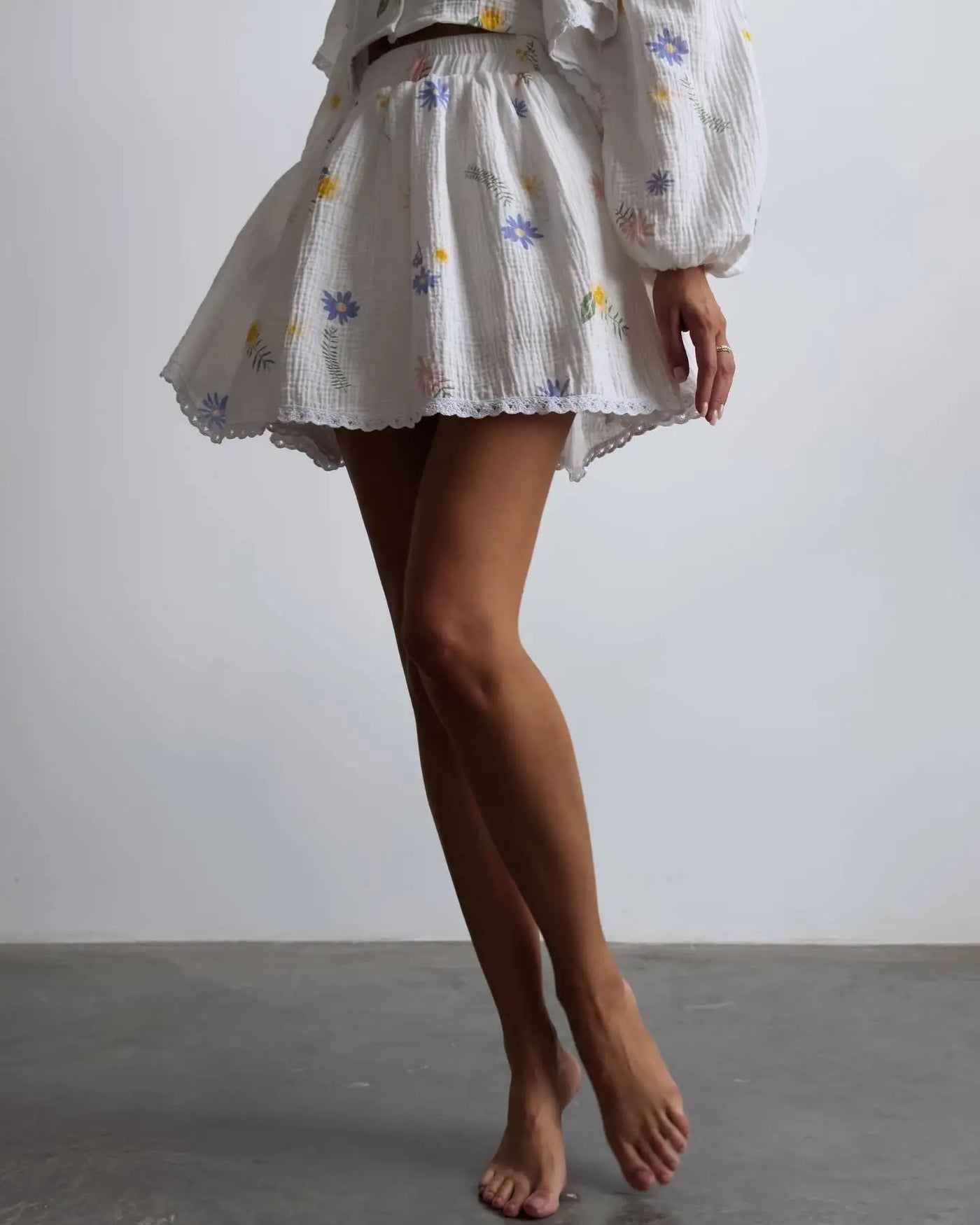 Women Cotton Linen Print Loose Suit Women Lantern Sleeve Ruffles V-neck Patchwork Single-Breasted Top High Waist Mini Skirt Suit