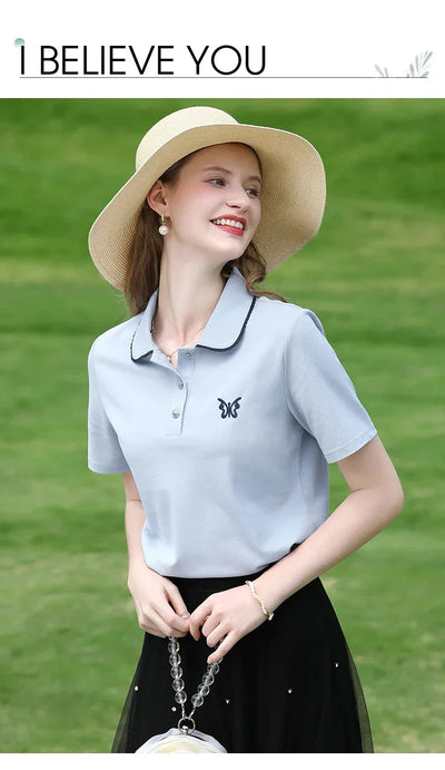 I BELIEVE YOU Blue Polo Collar T-shirt Top for Women Summer 2025 Butterfly Embroidered Breathable Short Sleeve Tees 2252015969