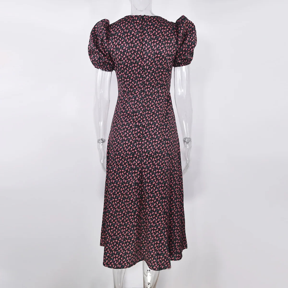Summer Midi Dress For Women 2025 New Fashion Streetwear Square Neck Puff Sleeve Print Dress Woman Casual Split Dresses Sundress