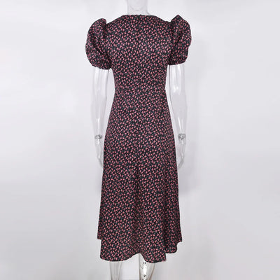 Summer Midi Dress For Women 2025 New Fashion Streetwear Square Neck Puff Sleeve Print Dress Woman Casual Split Dresses Sundress
