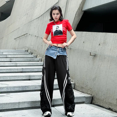Wide Leg Pants Women Floor Length Patchwork Lace Denim Stripe Print High Waist Multiple Pockets 2025 Streetwear Cargo Trousers