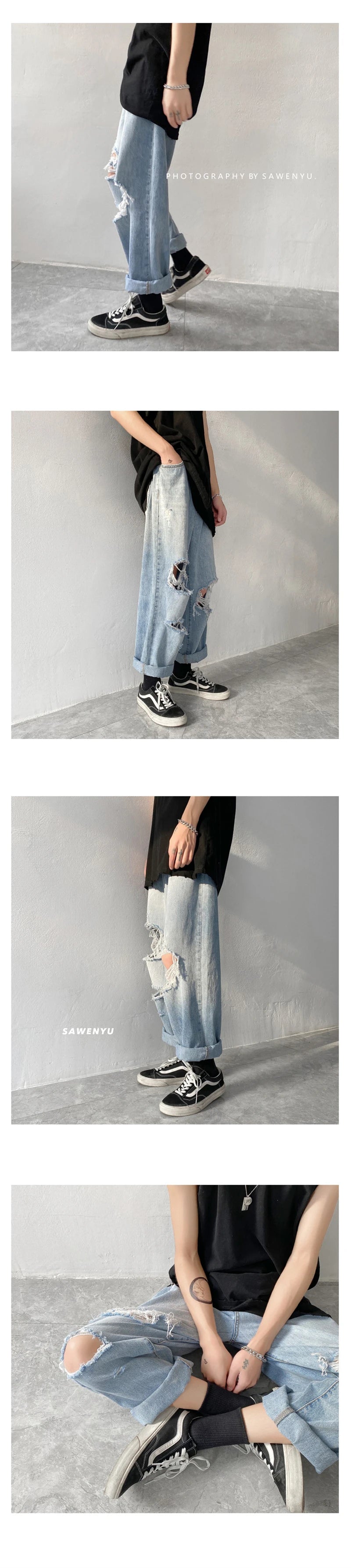 Summer Mens Ripped Jeans Blue Loose Fit Hole Wide-leg Pants Casual Fashion Trousers Streetwear High quality Denim Man Clothing