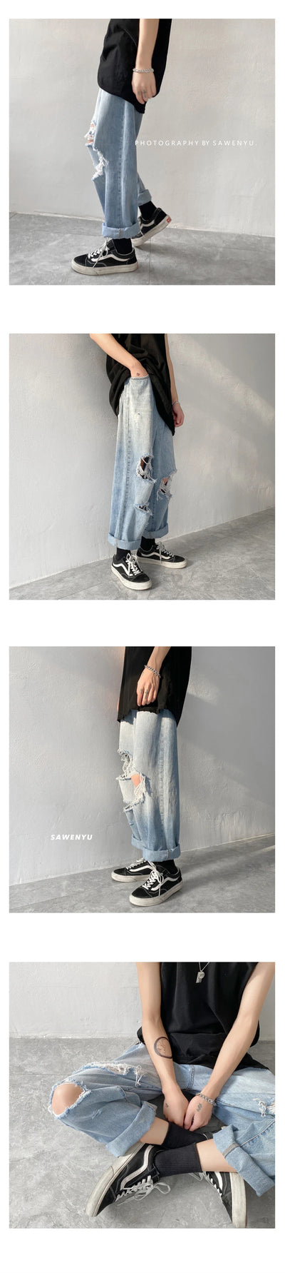 Summer Mens Ripped Jeans Blue Loose Fit Hole Wide-leg Pants Casual Fashion Trousers Streetwear High quality Denim Man Clothing