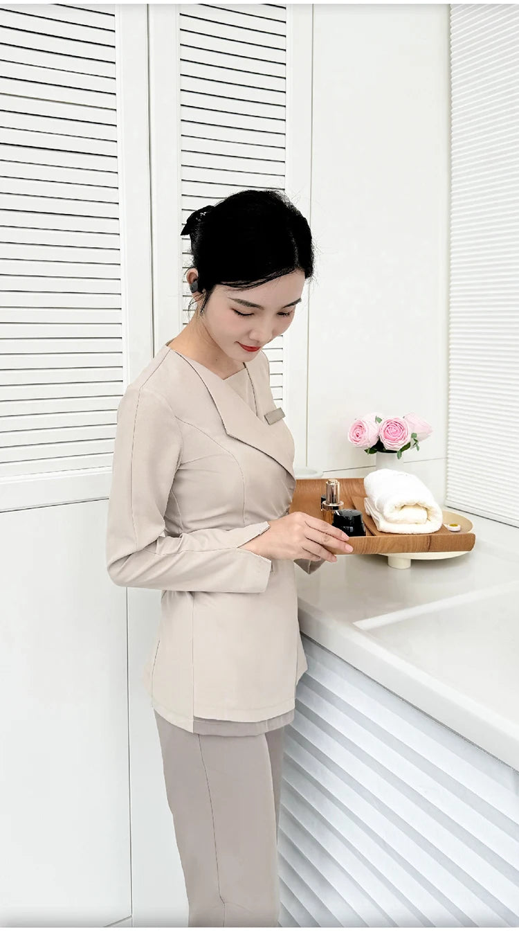 Women's Khaki SPA Uniform Set 2025 Spring/Autumn New Style Beauty Salon Front Desk Workwear Top And Pants Company Wholesale