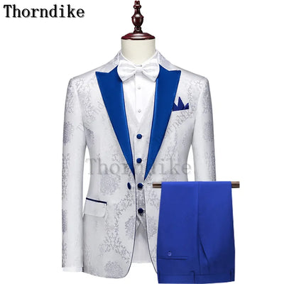 Thorndike Classic White Groom Tuxedo Groomsmen One Buttons Royal Blue Peaked Lapel Best Man Suit Wedding Men's Blazer Costume