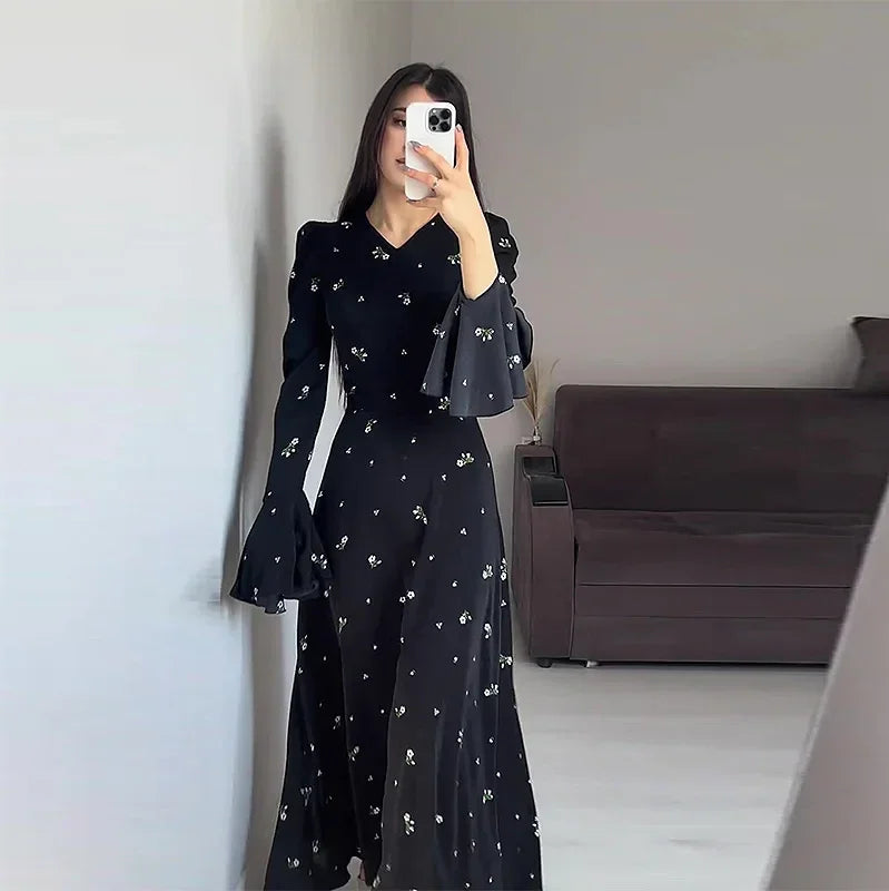 Elegant Dresses for Women Spring Summer New Printing Lotus Leaf Sleeve V Neck Dress Fashionable Slim Fit Women's Evening Dress