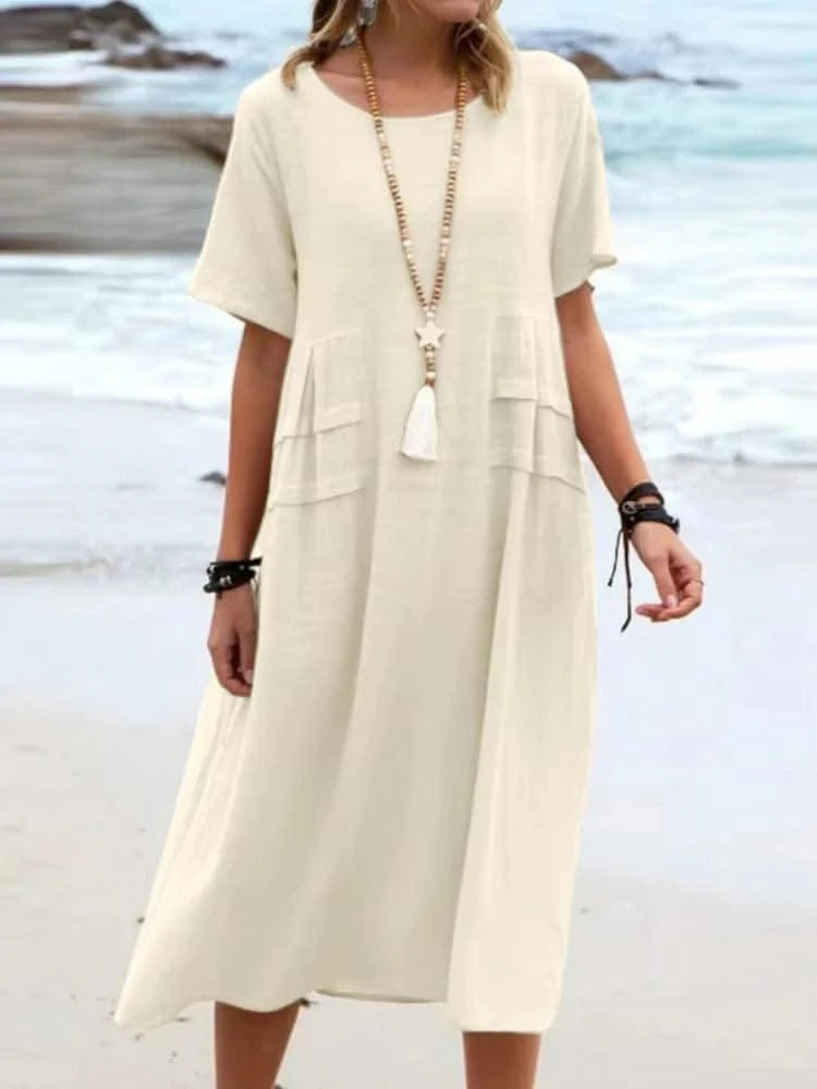 2025 Summer Fashion New Women's Elegant Long Cotton and Hemp Dress Round Neck Vacation Short Sleeve Medium Long Dress