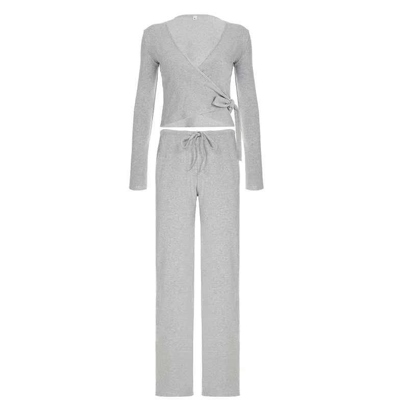 Women Fashion Lounge Set Vintage 2 Piece Outfit Spring Autumn V Neck Waist Tie T-shirt+Elastic Waist Pants Long Sleeve Crop Tops