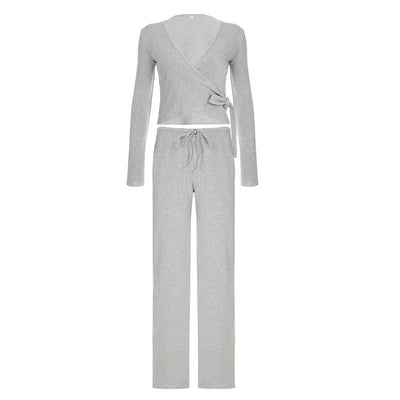 Women Fashion Lounge Set Vintage 2 Piece Outfit Spring Autumn V Neck Waist Tie T-shirt+Elastic Waist Pants Long Sleeve Crop Tops