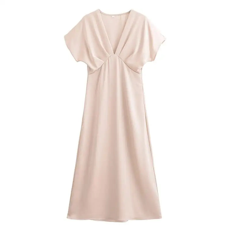 Women's Summer Dress 2025 New Elegant Fashion Slim V-neck Stain Long Dress Women Chic Comfortable Casual Dresses